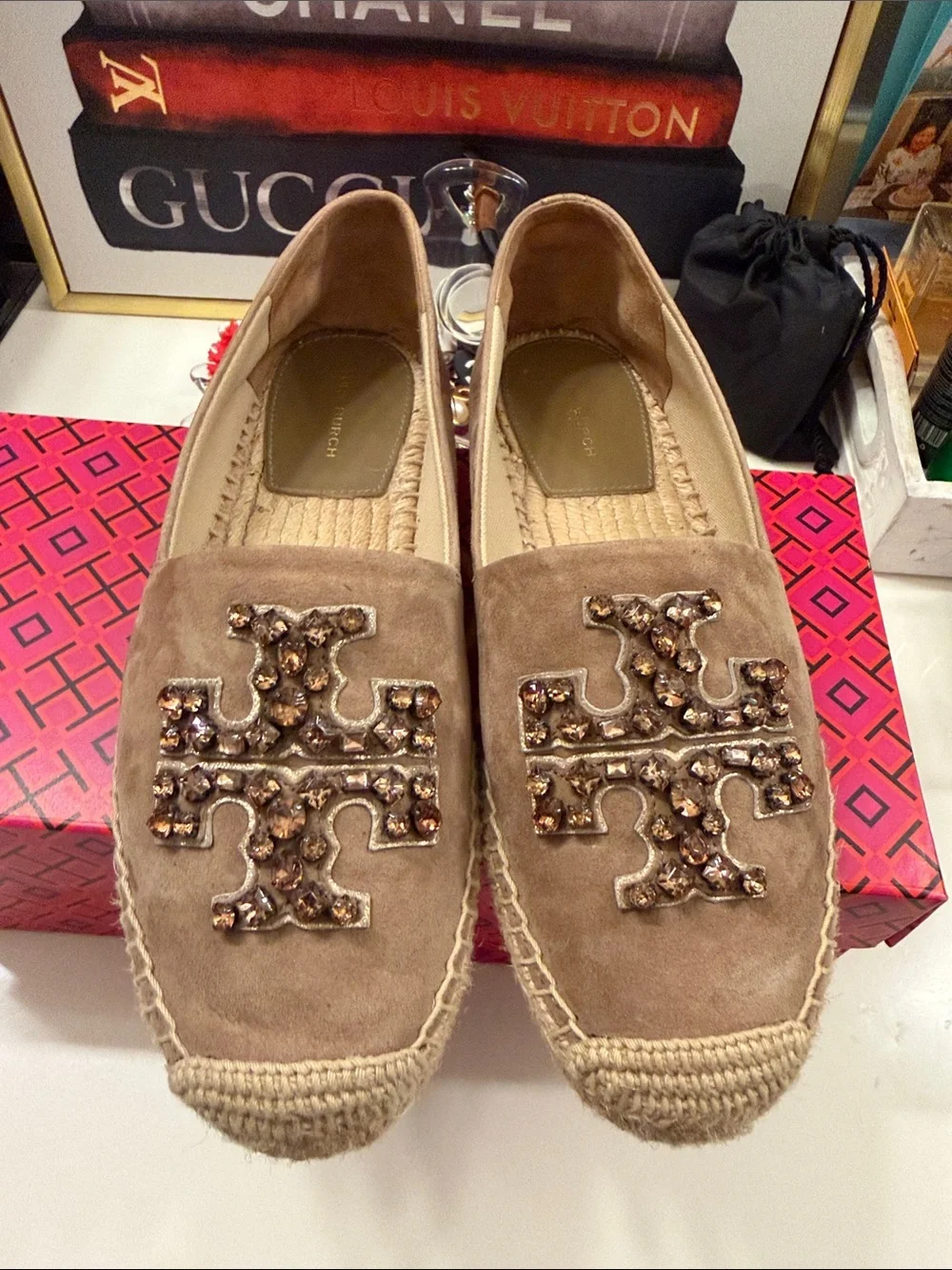 Tory Burch Beige Suede Espadrille with Embellished Logo
